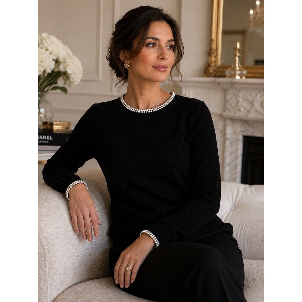 Charter Club 100% Cashmere Sweater Women L Black Pearl Trim Long Sleeve - Picture 13 of 13